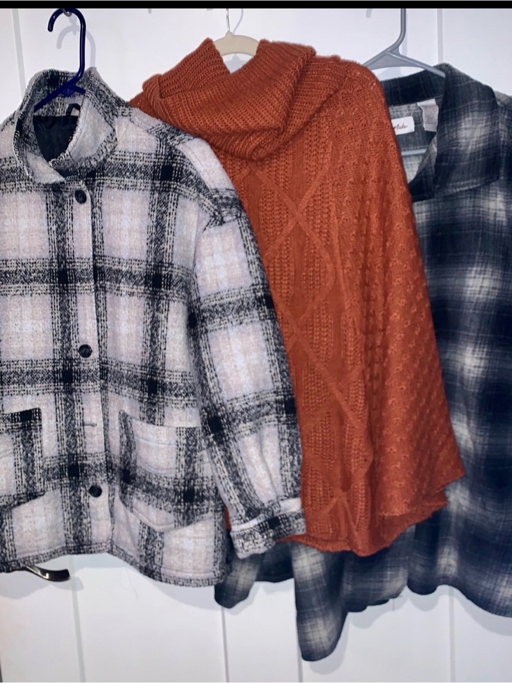 Bundle of women’s cozy cape/poncho and plaid button down jacket